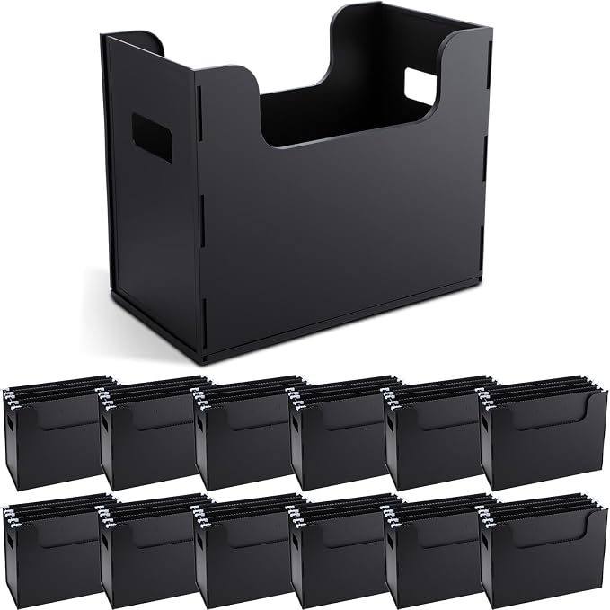12 Pcs Portable Desktop File, Side Handles, Filing Organizer, Hanging File Folders, Letter Size for Schools Office Home (Black)
