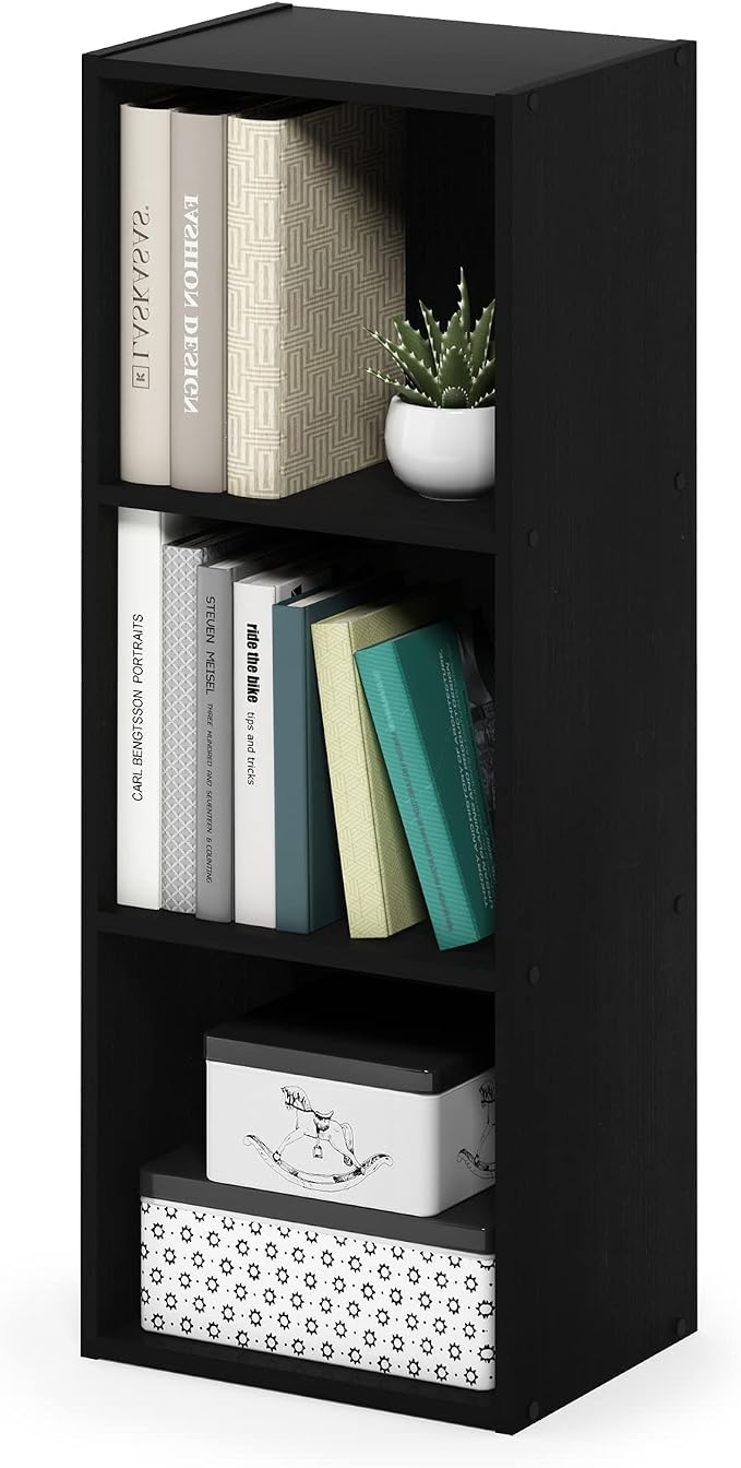 Furinno PASIR Book Shelf, 3-Tier Open Shelves Bookshelf, Bookcase, 9 x 12 x 32, for Living Room, Bedroom, Home Office, Darkwood