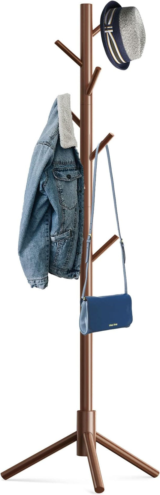 Hupmad Wooden Tree Coat Rack Stand,Sturdy Freestanding Coat Rack with 8 Hooks,3 Adjustable Height for Child Adult,Wood Coat Stand Tree Fits Entryway Bedroom Office for Bags,Hats