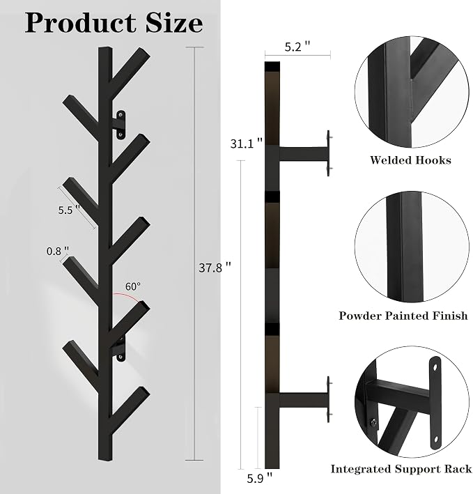 Prywot 2PK Vertical Hat Rack, Metal Coat Rack Wall Mounted, Black, 37.8" | 9 Hooks, Space-saving wall-mounted design, for Hats, Jackets, Coats, and Bags - Suitable for Entryways and Bedrooms
