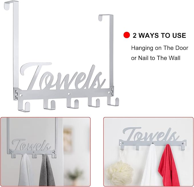 Azmoncy Over The Door Hooks, Towel Hook Towel Holder Over Door Towel Hanger Door Hanger with 5 Coat Hooks Towel Rack for Bathroom Bedroom Kitchen, Chrome