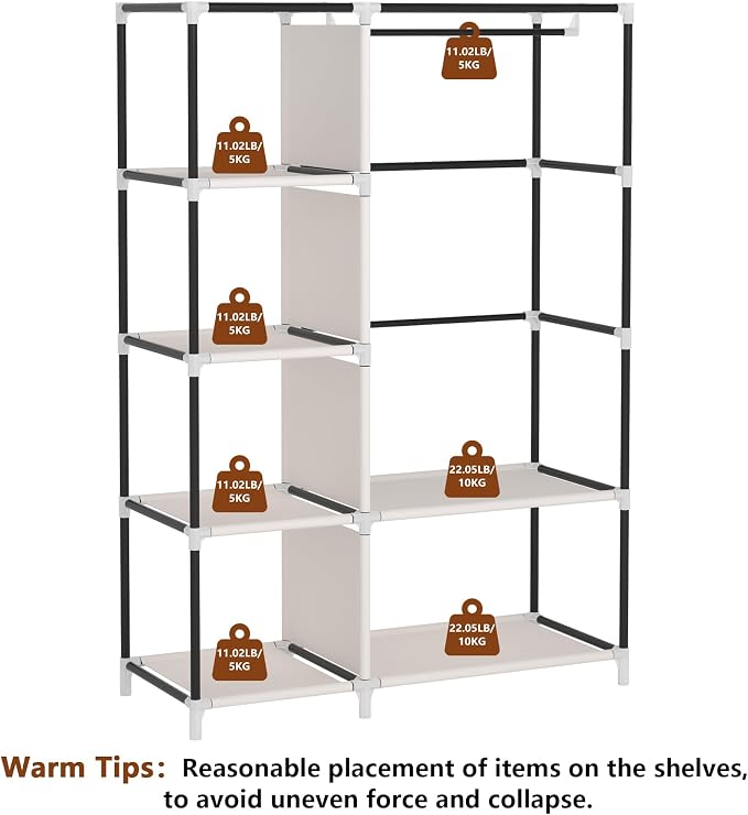 Calmootey Portable Closet Organizer, Space-Saving Storage System for Home | Sturdy Rod for Coats, 6 Shelves for Folded Clothes, 4 Side Pockets for Small Items, Non-Woven Dustproof Cover, Brown