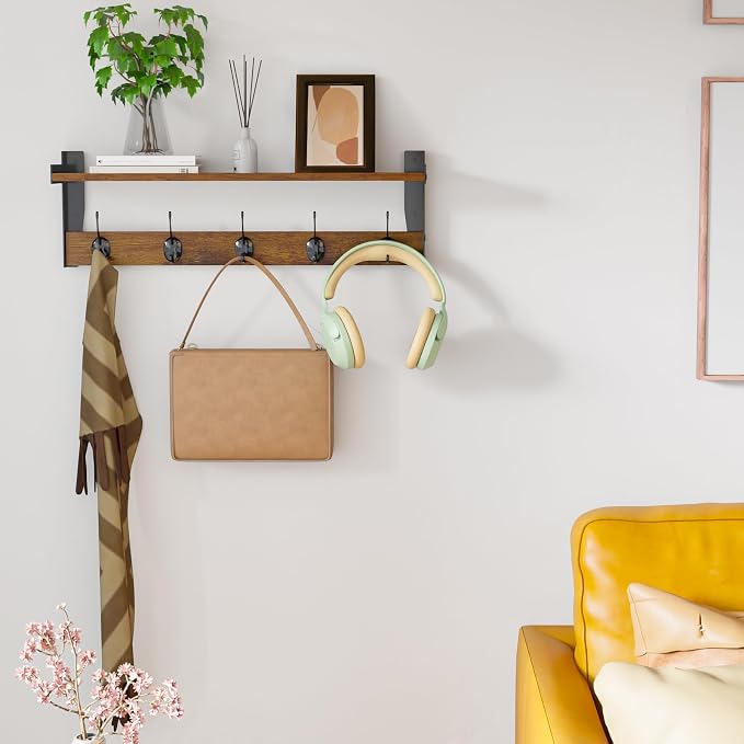 Coat Rack with Wall Mount, 23 Inch Long Entryway Wall Shelf with Hooks, Wood Hanger with Storage Shelf for Bathroom, Hallway, Rustic Brown