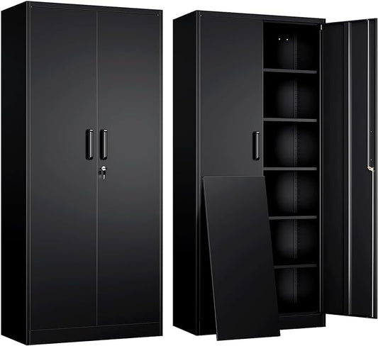 Yizosh Metal Garage Storage Cabinet with 2 Doors and 5 Adjustable Shelves - 71" Steel Lockable File Cabinet,Locking Tool Cabinets for Office,Home,Garage,Gym,School (Black)