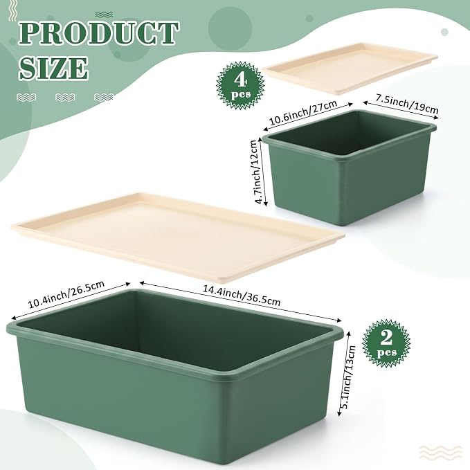 6 Pcs Large and Small Plastic Storage Bins with Lids 14.4 x 10.4 x 5.1 Inch Stackable Storage Containers Decorative Cubby Organizer for Clothes Shelves Garage Closet Office(Green)