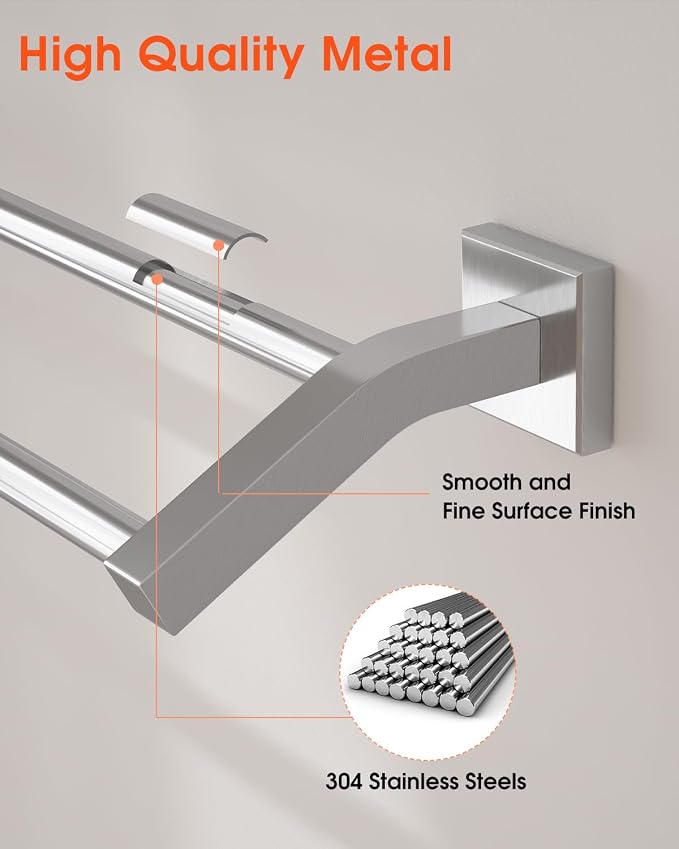Alise Double Towel Bar, 16" Double Towel Racks for Bathroom, Brushed Nickel | Quick Drying Bathroom Towel Holder, SUS304 Stainless Steel Towel Hanger Wall Mounted, Useable Length 14.9"
