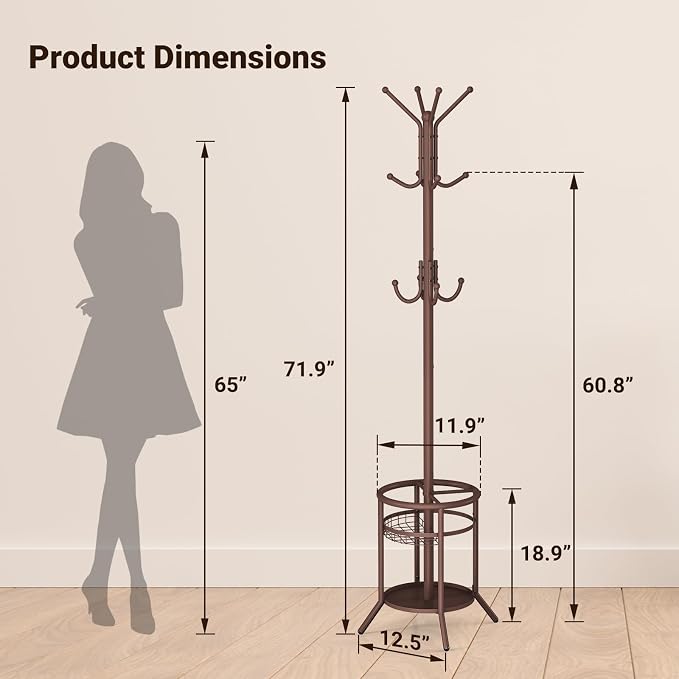 ELYKEN Coat Rack Freestanding, Metal Coat Rack with Umbrella Holder | 12 Hooks, Round Base, Heavy Duty Floor Standing Coat Tree for Entryway, Hallway, Living Room, Bedroom, Office, Brown