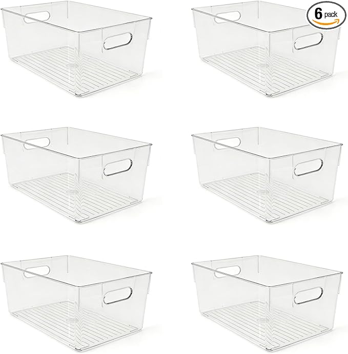 6 Pack Thick Clear Stackable Storage Bins, Cabinet Organizer, Plastiic Containers with Handle for Kitchens, Bathrooms and Fridge and Desktop