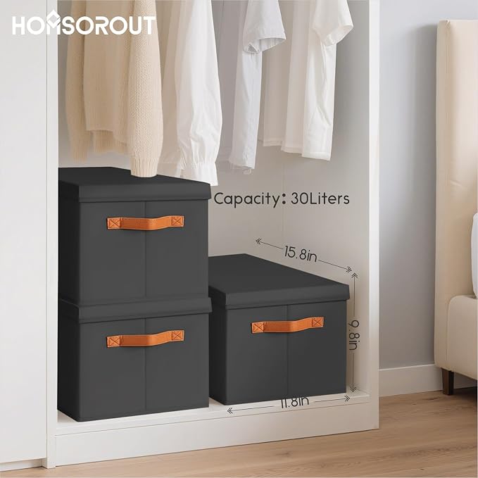 Homsorout Storage Bins with Lids - Large Fabric Closet Bins with Lid, 6 Pack Clothes Organizers and Storage, Collapsible Stackable Cube Basket for Home, Office, Dorm, Black