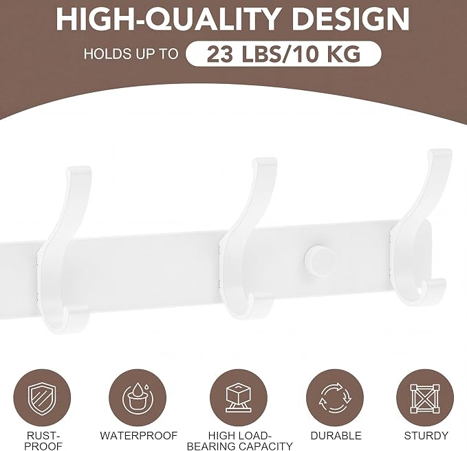 Wall Mount Coat Rack 2 Pack, White Coat Hooks Hanger with 5 Double Hooks | Zinc Alloy, Smooth Hook Edges, Screw Installation, Double Hooks，Greater Storage Space for Hanging Robes, Clothes, Bags, Hat