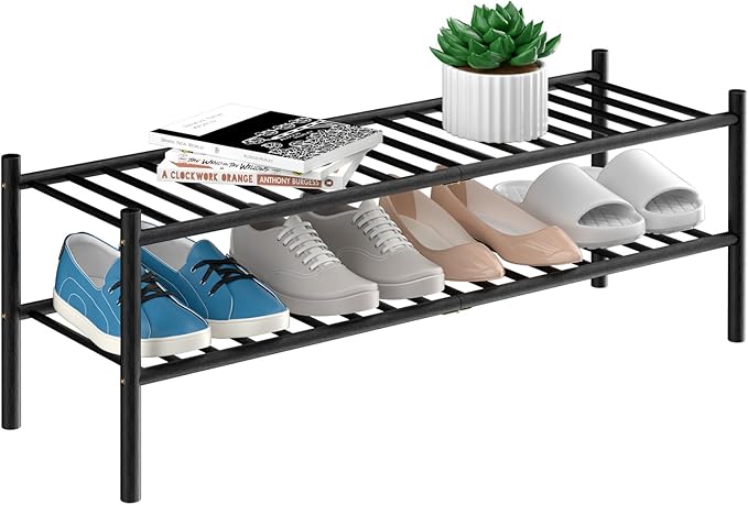 ROMGUAR CRAFT 2-Tier Bamboo Long Shoe Rack, Free Standing Wood Shoe Shelf Storage Organizer for Closet Entryway Stackable 35"x11"x13" (Black)