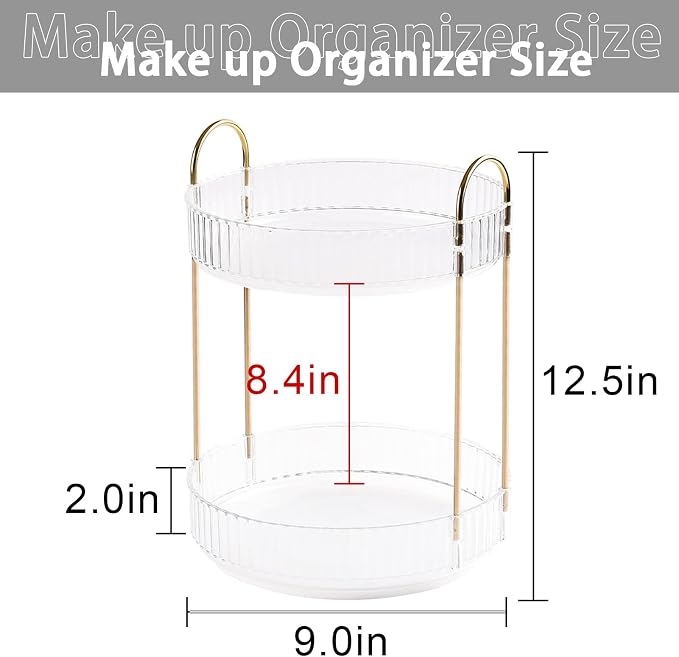 shuang qing Rotating Makeup Organizer for Vanity, High-Capacity Skincare Clear Make Up Storage Perfume Organizers Cosmetic Dresser Organizer Countertop 360 Spinning (Clear, 2 Tier)