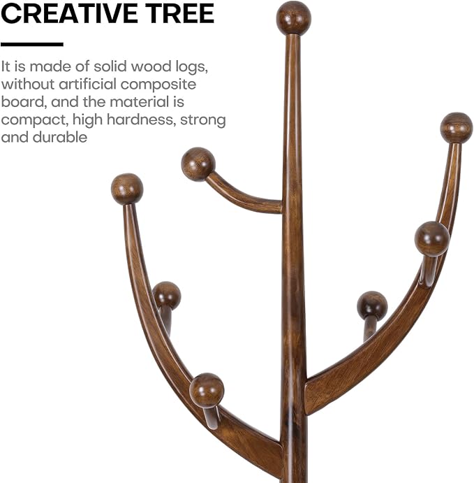 Bekrvio Wood Freestanding Coat Rack Coat Tree with Round Base, Walnut | Unique Coat Hanger Stand, Heavy Duty Standing Coat Rack, For Jacket, Hat, Bags For Entryway, Hallway, Bedroom, Apartment