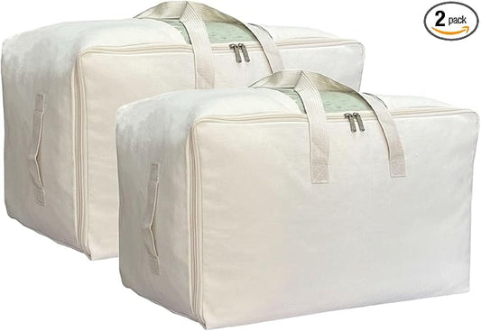 DoYiKe Soft Large Canvas Comforter Storage Bags with Four Carrying Handles and Clear Window, Closet Organizer for Clothing, Blankets Sheets Pillows and Bedding, 80L, 2 Pack, Beige