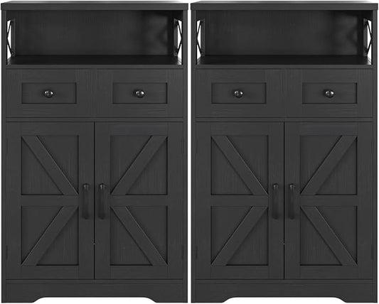 Farmhouse Storage Cabinet Set of 2, Small Kitchen Pantry Coffee Bar Cabinet | Accent Buffet Cabinet Cupboard, 2 Storage Drawers, Barn Doors & Adjustable Shelves, for Kitchen/Entryway/Bathroom, Black
