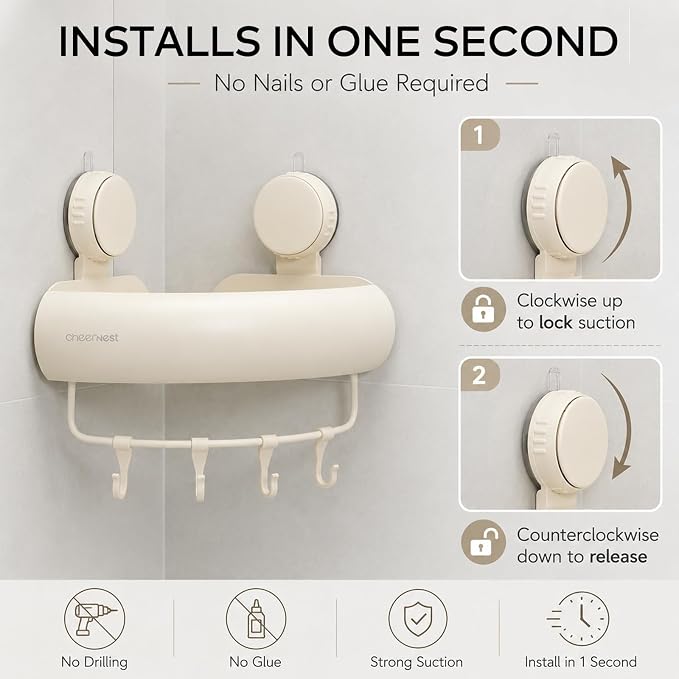 Corner Shower Caddy Suction Cup, Removable Shower Organizer Shelf | 2 Pack, Rustproof Aluminum, Includes Hooks&Hanging Bar, 2 Installation Ways, Wall-Mounted Bathroom Organizer Storage Shelves