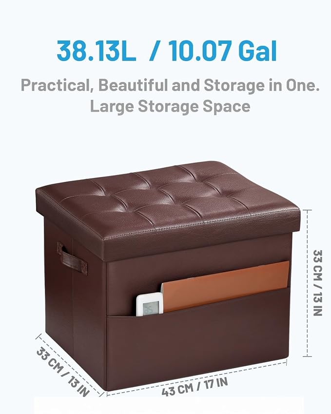 Bsketa Storage Ottoman Bench,17 Inch Folding Leather Foot Rest Stool, Brown | Small Ottoman with Side Pockets, Thicker Foam Padded Seat, Livingroom, Dorm, Bedroom, Easy to install, 43L,17x13x13in