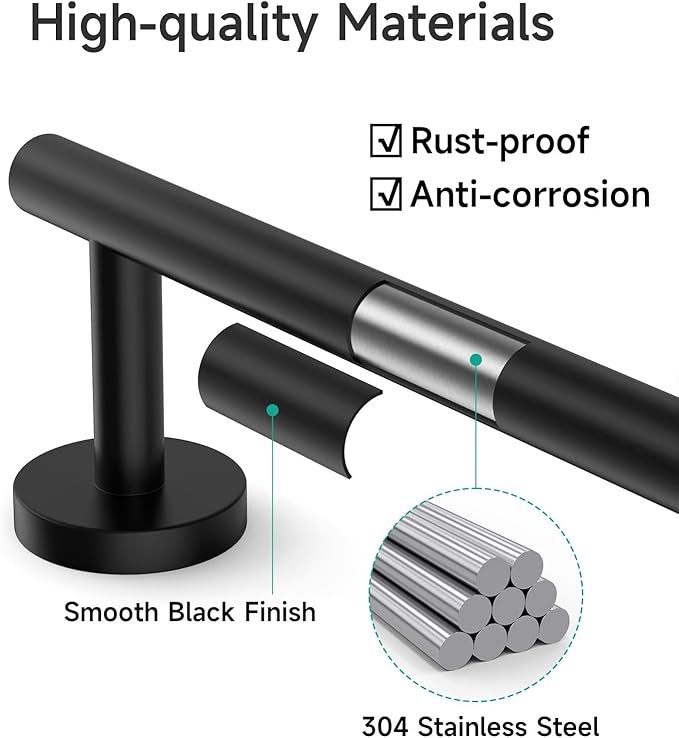 USHOWER Matte Black Towel Bar, 24-Inch Towel Racks for Bathroom | Thicken SUS304 Stainless Steel Towel Rod, Towel Holder Wall-Mounted, Modern Home Decor (Total Length 26-Inch)
