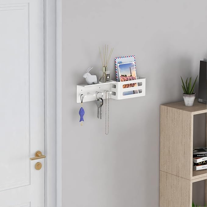 MKO Key Holder Wall Mount, Adhesive Key Hanger with 4 Hooks for Wall, White | Metal Material, Key Rack with Shelf, Wall Mount, Mail Organizer Tray, Suitable for Entryway, Hallway, Living Room