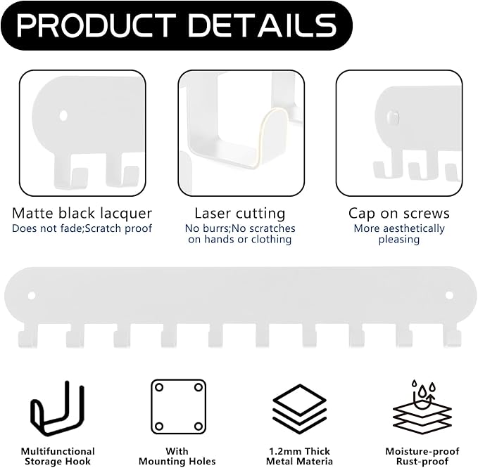 2 Pack Key Holder for Wall, Key Hooks with 10 Hooks, White | Key Holder Wall Mount Self Adhesive, Key Rack for Wall No Drill for Living Room, Kitchen, Bathroom, Garage