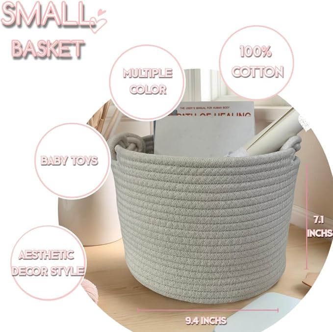 Bellar Small Rope Basket,Shelf Storage Baskets for Organizing,Cute White Storage Basket,Round Decorative Box for Kids,Woven Rope Storage Snack Storage Area Decorative Boxes Aesthetic -9.4’’*7.1’’