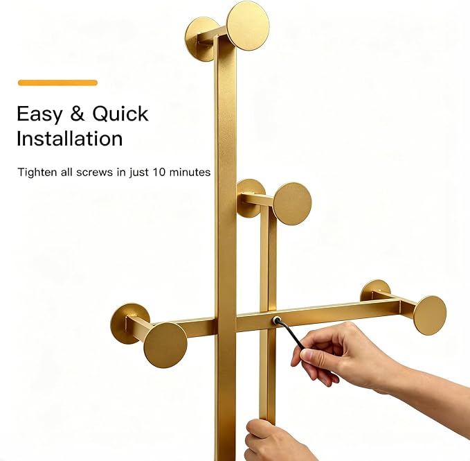 Metal Coat Rack Freestanding for Entryway (Gold) | Heavy Duty, Marble Base, Metal Frame, Essential Items Organizer for Clothes Bags, for Bedroom Living Room Hotel