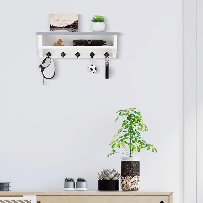 Nekon Key Holder Wall Mount, Wall Organizer Shelf with 5 Key Hooks, Room Decor for Home and Apartment Essentials, Gray and White