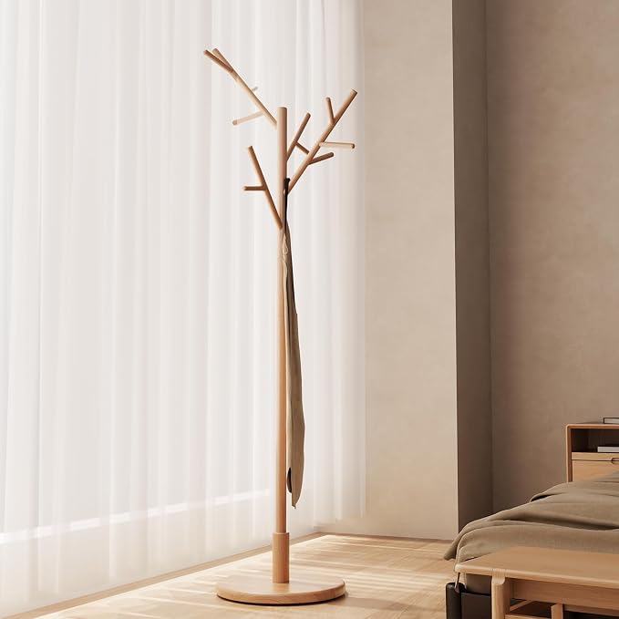 Coat Rack,Solid Wood Coat Rack Freestanding with 12 Hooks,Coat tree freestanding 3 Adjustable Heights for coat, Hats, Handbags，Coat Stand for Entryway,Bedroom (Natural)