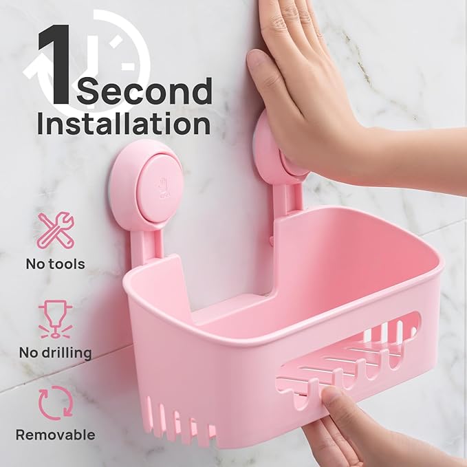 LEVERLOC Shower Caddy Suction Cup,Shower Organizer Bathroom Shelf,Pink 2pcs