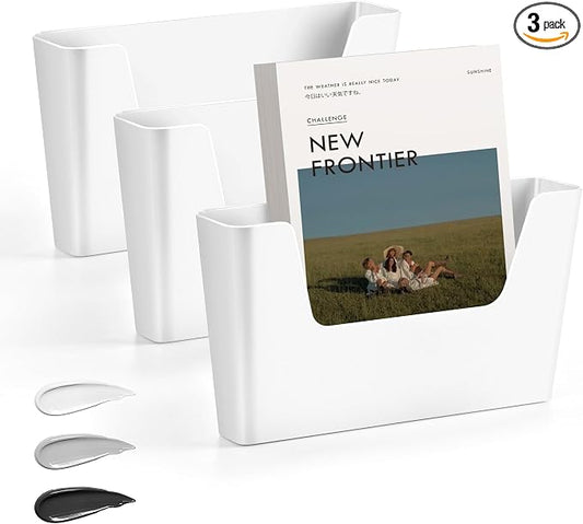 JOMOLA No Drilling File Holder 3 Pack Mail Organizer Wall Mount File Organizer Holder Office Wall Hanging Files Magazines Organizer Plastic Door Mount Wall Pocket with Adhesive Pad, White Color