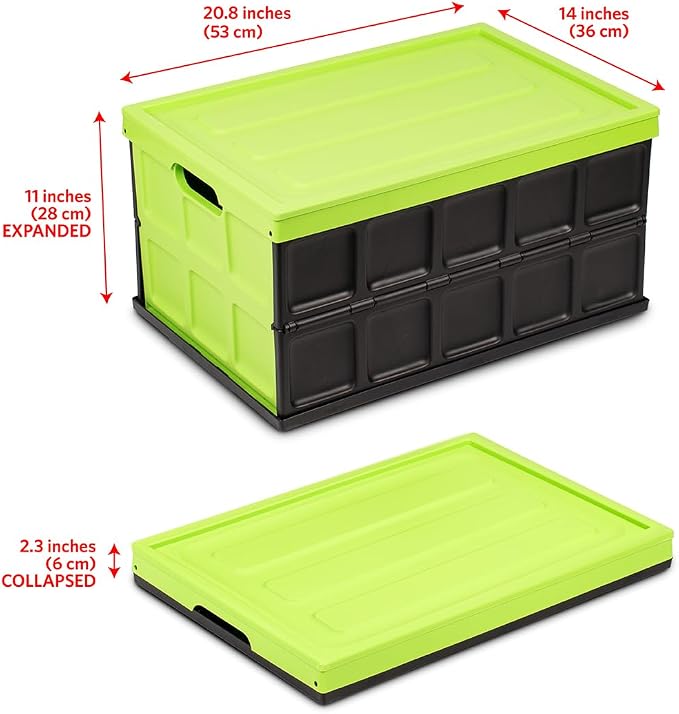 Glad Collapsible Storage Bin with Lid - 48L Foldable Plastic Box for Garage, Car Trunk, and Organization - Stackable Lidded Container with Handles, Green