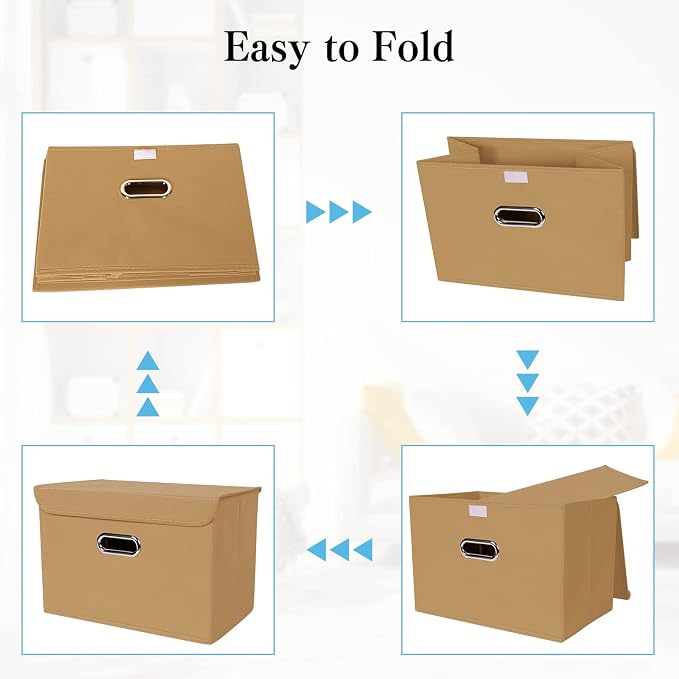 STOREONE Fabric Storage Cube Bins Foldable Organizer Container Collapsible Basket with Lids and Metal Handles, for Home, Bedroom, Closet 3 Pcs (Khaki)
