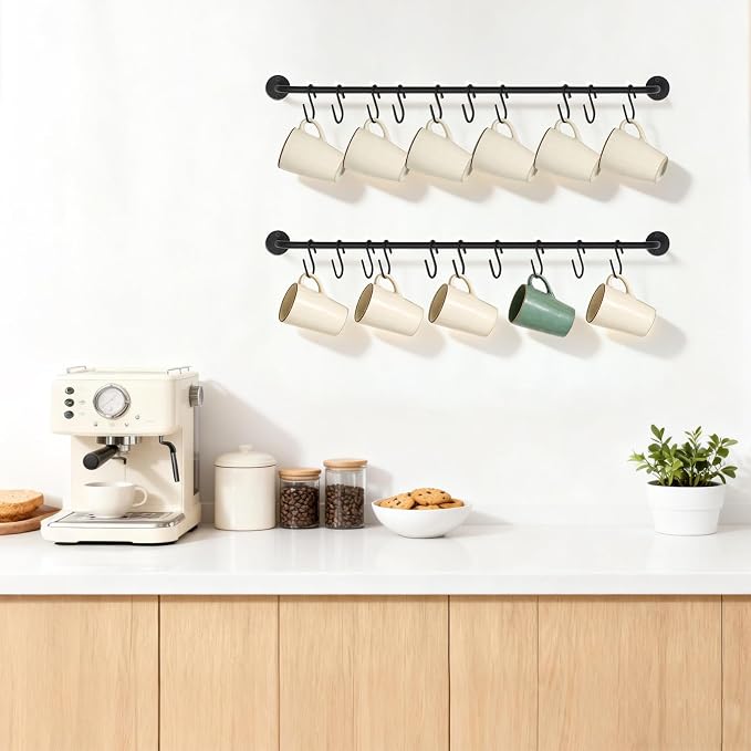 Mkono Wall Mounted Mug Holder, Coffee Cup Hanger Rack with 20 Hooks, 2 Pack | Kitchen Rod, Space Saving, Easy Assembly, Wall & Under Cabinet, Durable Metal, Kitchen Dining Bar Organizer, Multi-Function