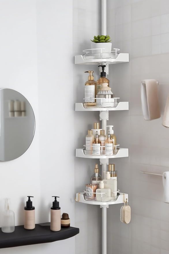 360° Rotating Corner Shower Caddy Tension Pole Organizer (White) | 4-Tier rotating shelves with hooks, adjustable tray height, upgraded rustproof metal pole, removable trays for shower storage