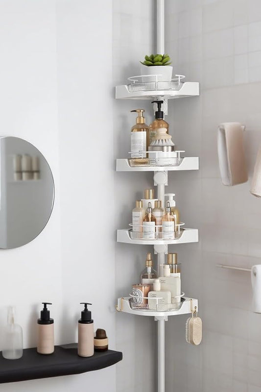 360° Rotating Corner Shower Caddy Tension Pole Organizer (White) | 4-Tier rotating shelves with hooks, adjustable tray height, upgraded rustproof metal pole, removable trays for shower storage