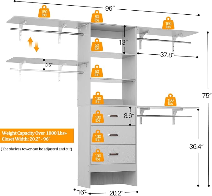 Besiost Closet System with Drawer - 8FT Wood Closet Organizer System with 3 Hanging Rods and Shelving Tower, 96" Walk In Closet Organizer Wardrobe, Heavy Duty Garment Rack Clothes Rack, Grey