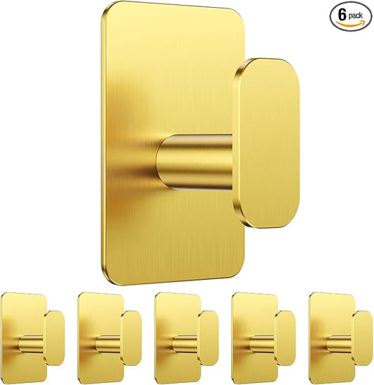 Large Heavy Duty Wall Hooks - 26lb Max, Stainless Steel Adhesive Towel Hooks for Hanging Towel, Coat, Robe, Hat, Sticky Towel Holder for Wall Mount in Bathroom, Shower, Kitchen (Gold, 6 Pack)