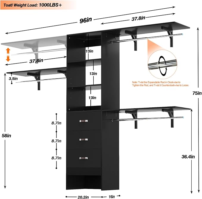 iSunirm 8FT Closet System, 96'' Closet Organizer System with 3 Hanging Rods, Wall Mount Bedroom Wardrobe with 3 Drawers Walk-in Closet, Adjustable Cloth Garment Rack from 5 to 8FT (Cut to Fit), Black