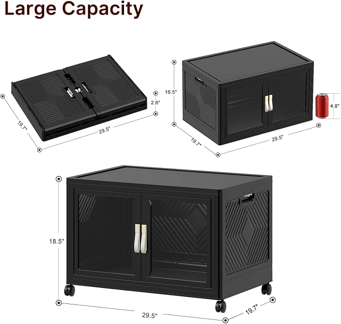 Stackable Storage Bins with Lids,180QT Extra Large Storage Cabinet | Clear Doors, Foldable Storage Drawers, Heavy Duty, Collapsible Closet Organizers for Bedroom Office (1, Black, 180, Quarts)