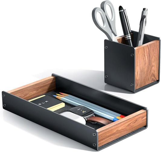 UPERGO Desk Organizer Tray Pen and Pencil Holder Set | Solid Walnut, Aluminum Accent, for Desk & Office Decor, Aesthetic Desk Accessories for Men