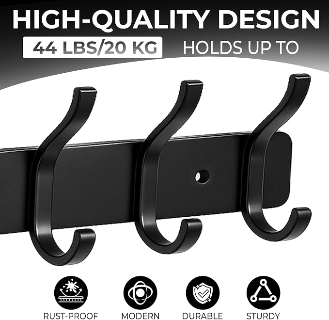 Wall Mount Coat Rack 1 Pack, Black Coat Hooks Hanger with 6 Double Hooks | Zinc Alloy, Smooth Hook Edges, Screw Installation, Double Hooks，Greater Storage Space for Hanging Robes, Clothes, Bags, Hat
