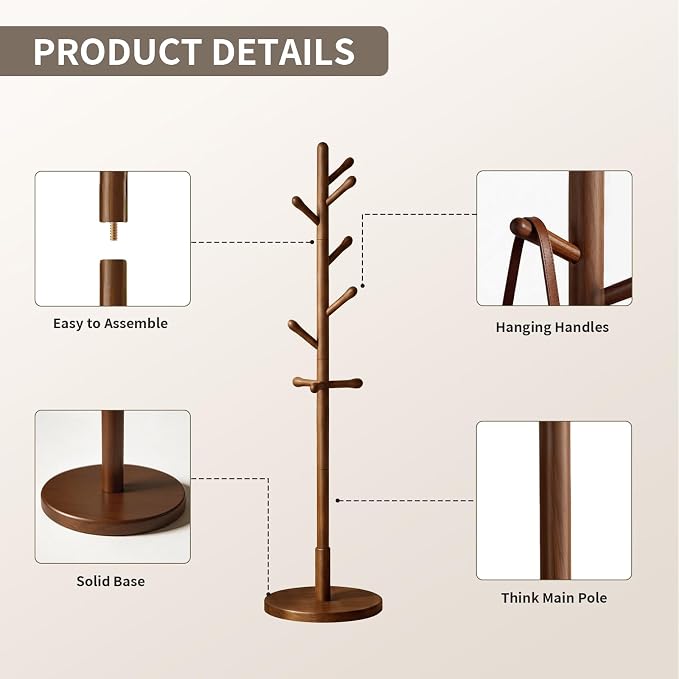 Solid Wood Coat Rack Freestanding with 9 Hooks - Wooden Coat Rack Stand for Entryway, Bedroom, Living Room, Hallway for Coats, Handbags, Hat (Walnut)