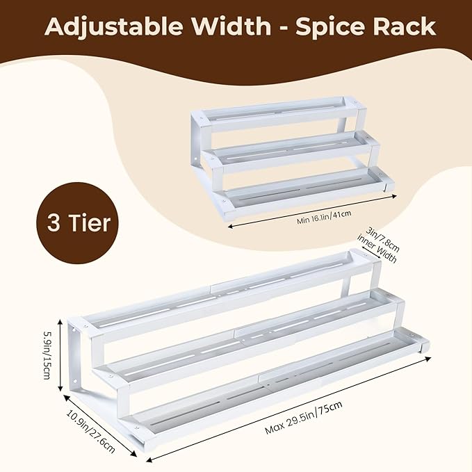 Expandable Spice Rack Organizer for Cabinet, 3 Tier Metal Spice Organization,16"-29.5" Wide Adjustable Seasoning Organizer, Display Shelf, Canned Goods Organizer for Pantry Kitchen Countertop, White