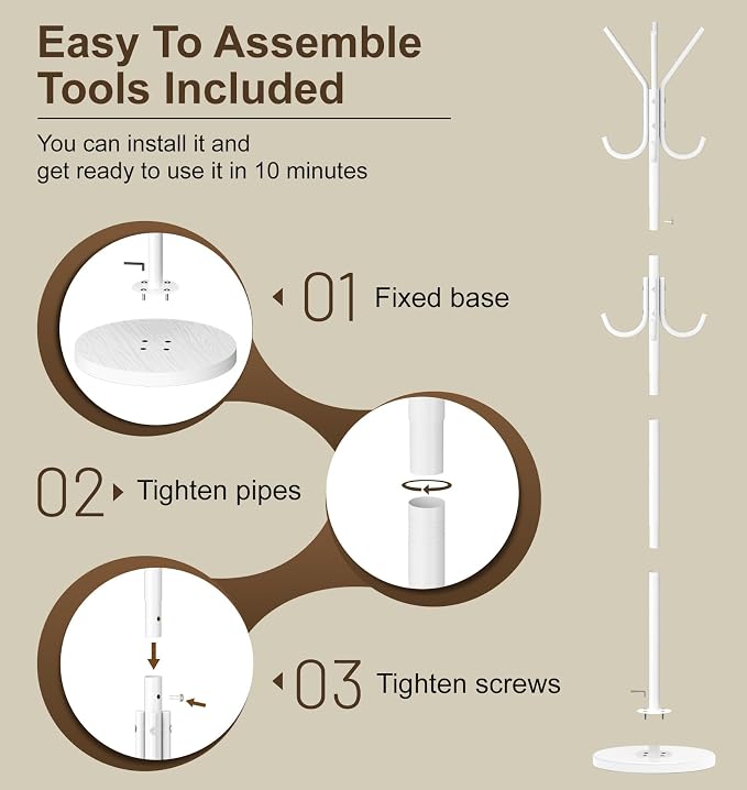 MISSLO Heavy Duty Coat Rack Freestanding with Stable Wood Base Modern Coat Tree with 12 Hooks Adjustable Coats Hanger Stand Stylish Standing Clothes Tree for Entryway Bedroom Corner Hall (White)