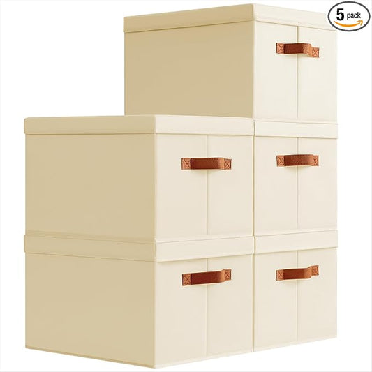 Homsorout Storage Bins with Lids - Large Fabric Closet Bins with Lid, 5 Pack Clothes Organizers and Storage, Collapsible Stackable Cube Basket for Home, Office, Dorm, Beige