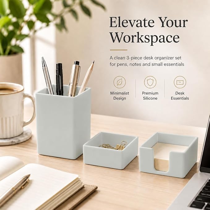 minimaliving Aesthetic Silicone Desk Organizer Set of 3,Modern Office Desk Accessories with Pen Holder,Paperclip Tray,Sticky Note Holder,Stylish Functional Office Desk Decor for Back-to-school(Grey)