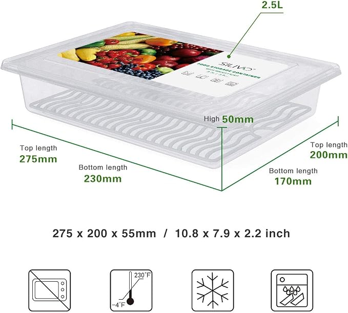 SILIVO Fridge Produce Saver Containers (3 Pack) - 2.5L Drain Tray Keeps Veggies, Fruits, Lettuce Fresh