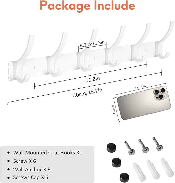 Optish Coat Rack Wall Mount, Coat Hook Wall Mount, Wall Hooks for Hanging, Hat Rack for Walls, Coats Hanger with 12 Hook, Towel Hooks for Bathrooms (2 Pack, White)