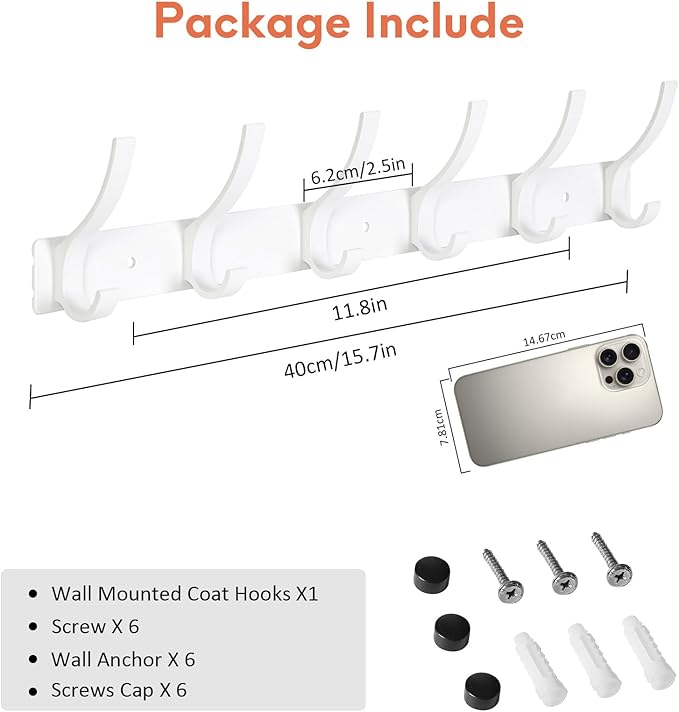 Optish Coat Rack Wall Mount, Coat Hook Wall Mount, Wall Hooks for Hanging, Hat Rack for Walls, Coats Hanger with 12 Hook, Towel Hooks for Bathrooms (1 Pack, White)