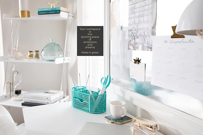 BLU MONACO Aqua Desk Organizer | Metal Stationery Holder With Drawer and Eight Compartments | Desktop Storage for Home Office or Study Space | 4.3”D x 9.3”W x 4”H Workspace Organizer